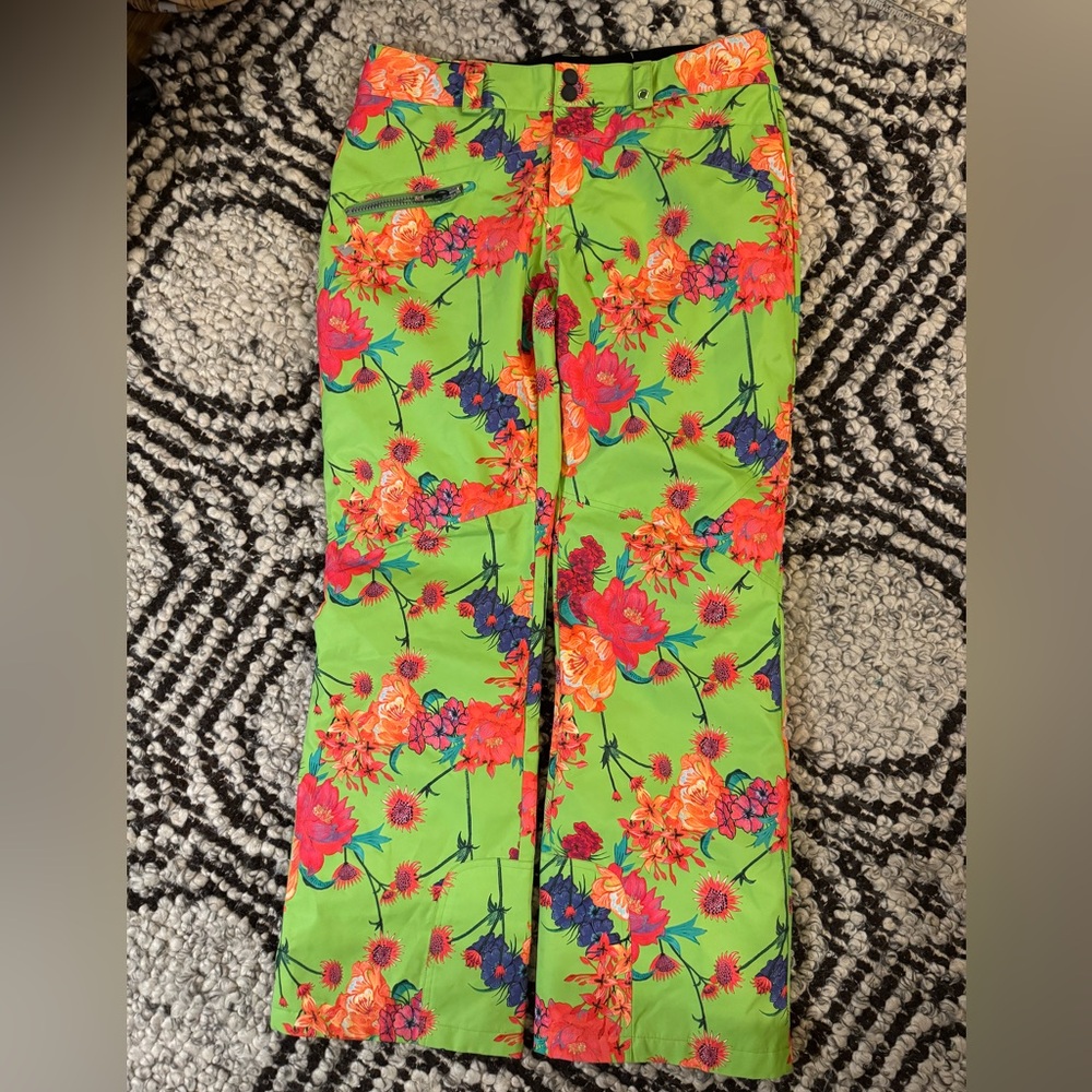 Obermeyer neon green floral ski snow pant
